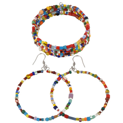 Old African "Christmas" Glass Trade Beads Bracelet And Earrings Memory Wire Boho
