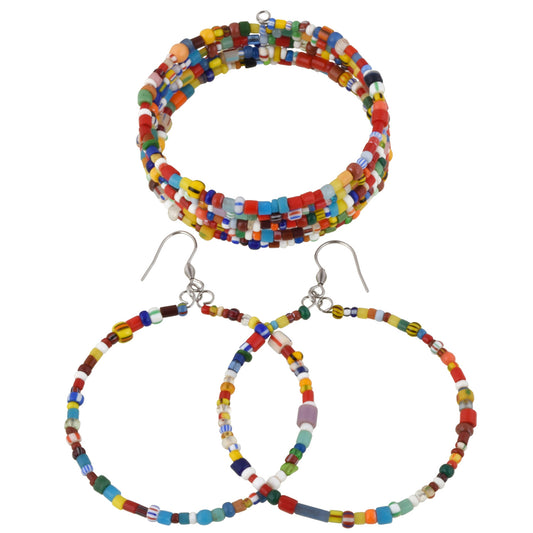 Old African "Christmas" Glass Trade Beads Bracelet And Earrings Memory Wire Boho