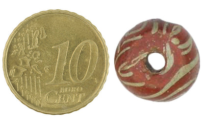 Antique Red & White Islamic Folded Glass Trade Bead - Fustat, Egypt - close-up