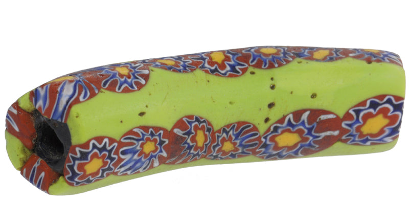 Rare Large Elbow Antique Venetian Millefiori Mosaic Glass Trade Bead - close-up